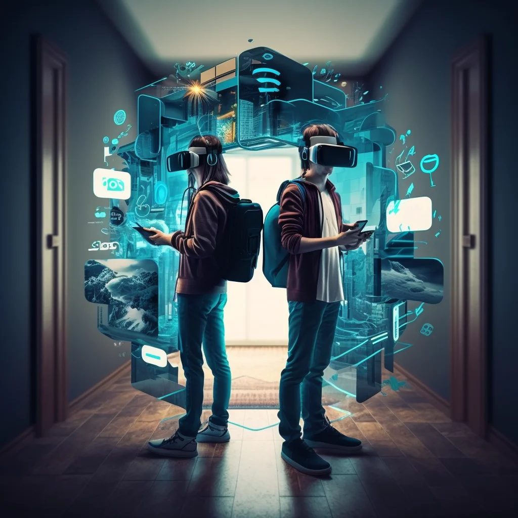 about us section image depicting people using high tech devices